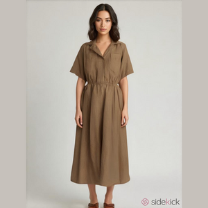 Vintage 80s Khaki Shirtdress Button Down Fit and Flare Pockets